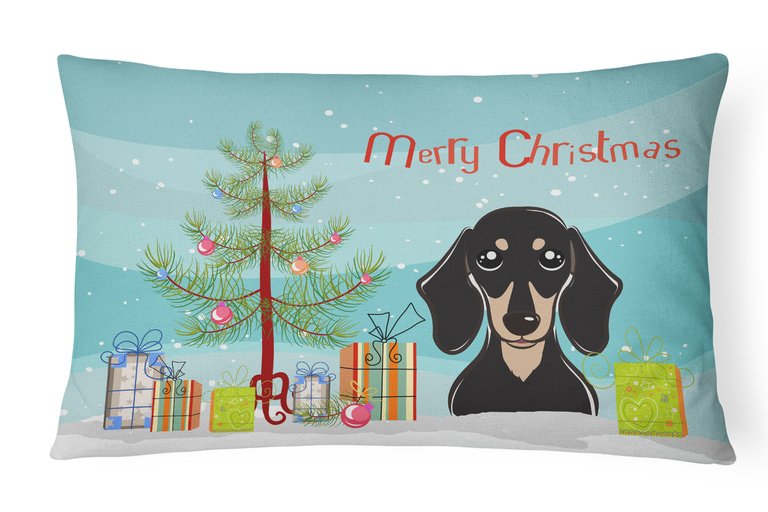 12 in x 16 in  Outdoor Throw Pillow Christmas Tree and Smooth Black and Tan Dachshund Canvas Fabric Decorative Pillow