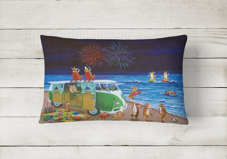 12 in x 16 in  Outdoor Throw Pillow Corgi Beach Party Volkswagon Bus Fireworks Canvas Fabric Decorative Pillow