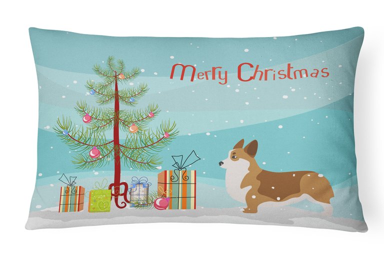 12 in x 16 in  Outdoor Throw Pillow Corgi Merry Christmas Tree Canvas Fabric Decorative Pillow