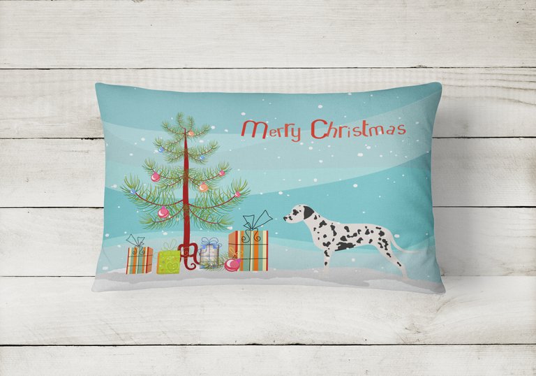 12 in x 16 in  Outdoor Throw Pillow Dalmatian Merry Christmas Tree Canvas Fabric Decorative Pillow