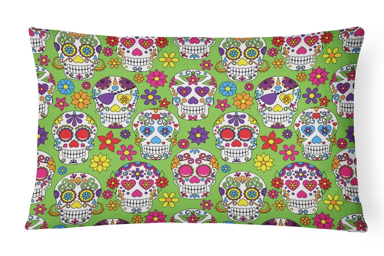 12 in x 16 in  Outdoor Throw Pillow Day of the Dead Green Canvas Fabric Decorative Pillow - Green