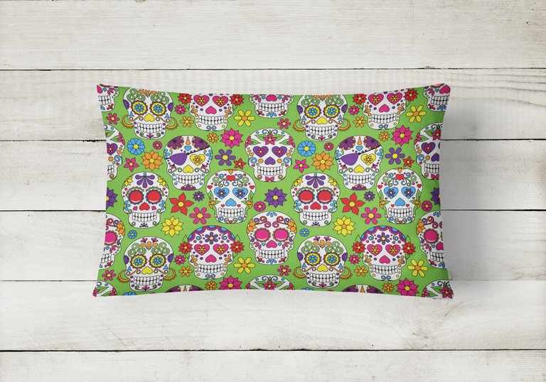 12 in x 16 in  Outdoor Throw Pillow Day of the Dead Green Canvas Fabric Decorative Pillow