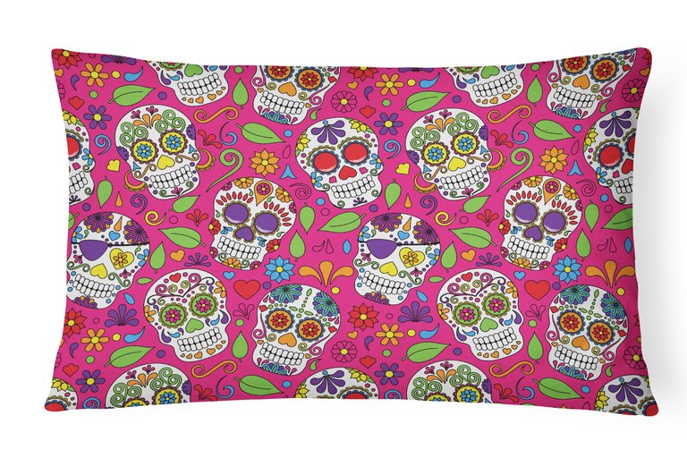 12 in x 16 in  Outdoor Throw Pillow Day of the Dead Pink Canvas Fabric Decorative Pillow - Pink