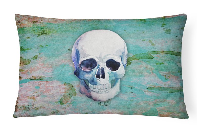 12 in x 16 in  Outdoor Throw Pillow Day of the Dead Teal Skull Canvas Fabric Decorative Pillow - Pink