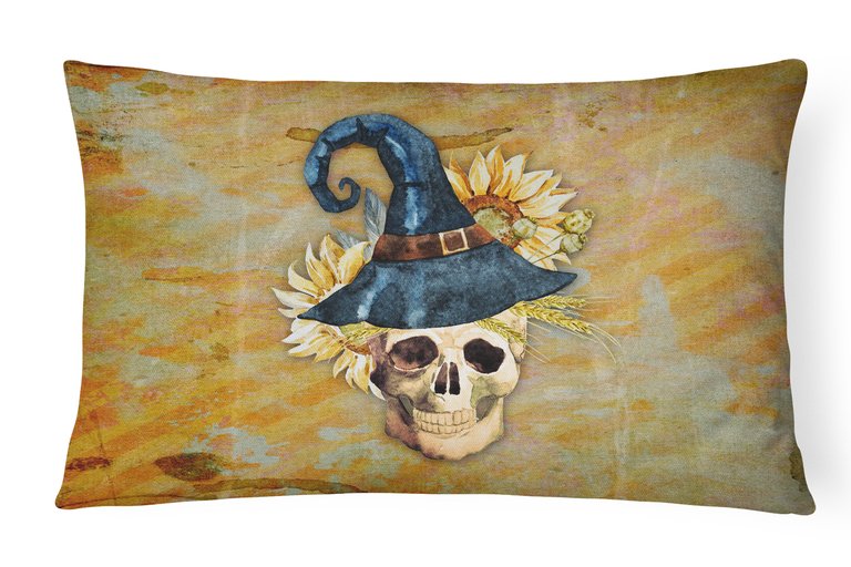 12 in x 16 in  Outdoor Throw Pillow Day of the Dead Witch Skull  Canvas Fabric Decorative Pillow - Brown