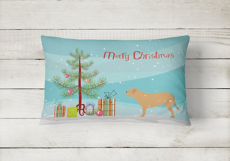 12 in x 16 in  Outdoor Throw Pillow Dogue de Bordeaux Merry Christmas Tree Canvas Fabric Decorative Pillow