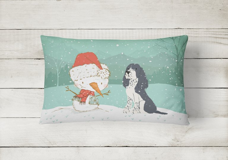 12 in x 16 in  Outdoor Throw Pillow English Springer Spaniel Snowman Christmas Canvas Fabric Decorative Pillow