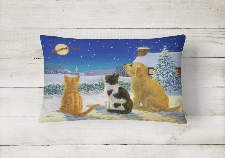 12 in x 16 in  Outdoor Throw Pillow Golden Retriever and kittens Watching Santa Canvas Fabric Decorative Pillow