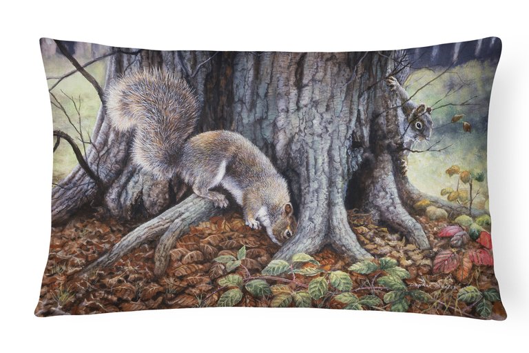 12 in x 16 in  Outdoor Throw Pillow Grey Squirrels around the Tree Canvas Fabric Decorative Pillow