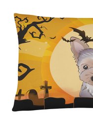 12 in x 16 in  Outdoor Throw Pillow Halloween Yorkie Puppy Canvas Fabric Decorative Pillow - Orange