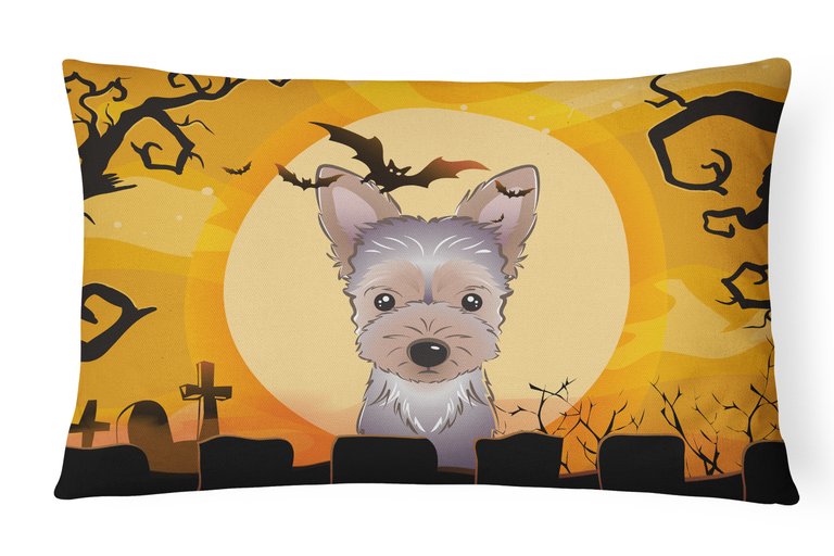 12 in x 16 in  Outdoor Throw Pillow Halloween Yorkie Puppy Canvas Fabric Decorative Pillow - Orange