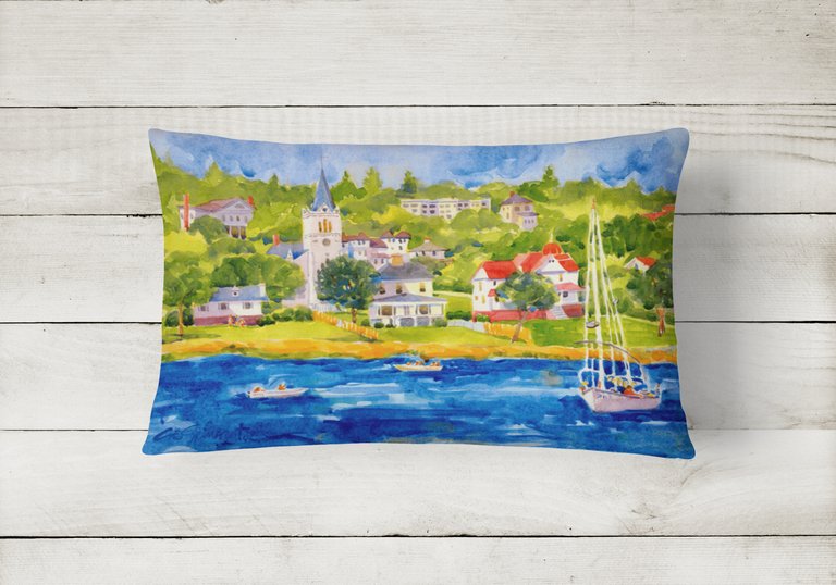 12 in x 16 in  Outdoor Throw Pillow Harbour Scene with Sailboat Canvas Fabric Decorative Pillow