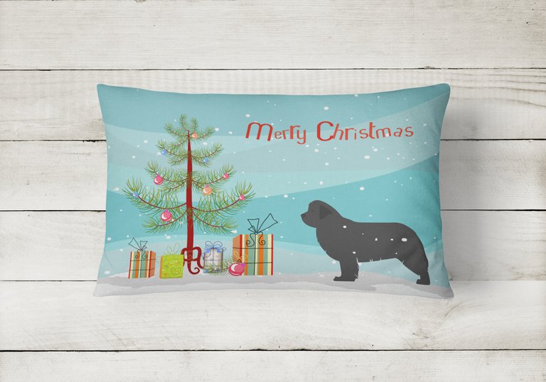 12 in x 16 in  Outdoor Throw Pillow Newfoundland Merry Christmas Tree Canvas Fabric Decorative Pillow