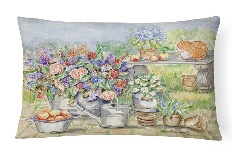 12 in x 16 in  Outdoor Throw Pillow Patio Bouquet and Cat Canvas Fabric Decorative Pillow