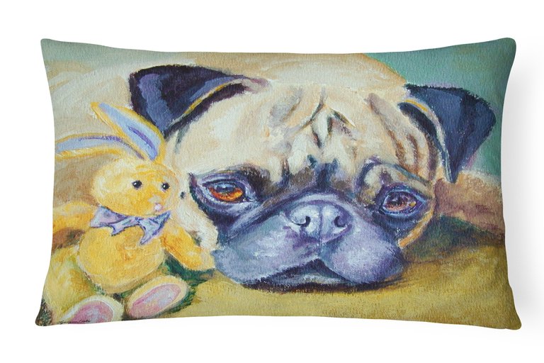 12 in x 16 in  Outdoor Throw Pillow Pug Bunny Rabbit Canvas Fabric Decorative Pillow