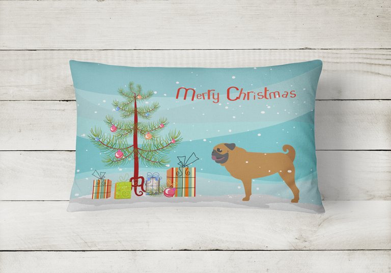 12 in x 16 in  Outdoor Throw Pillow Pug Merry Christmas Tree Canvas Fabric Decorative Pillow