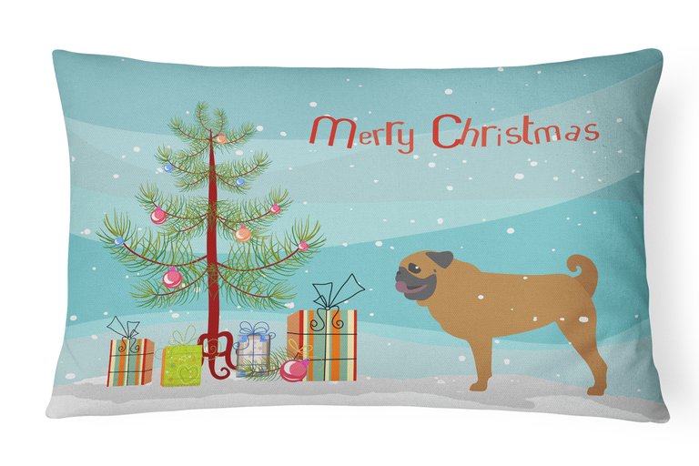 12 in x 16 in  Outdoor Throw Pillow Pug Merry Christmas Tree Canvas Fabric Decorative Pillow