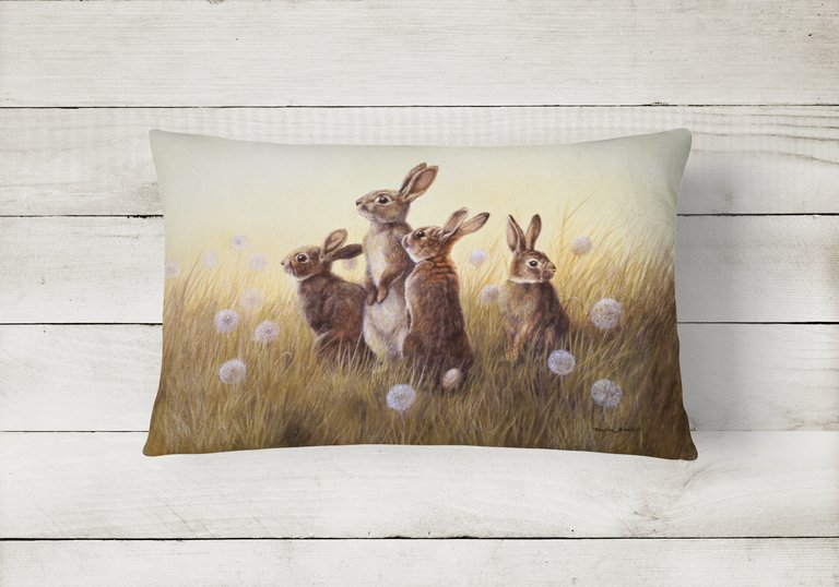 12 in x 16 in  Outdoor Throw Pillow Rabbits in the Dandelions Canvas Fabric Decorative Pillow