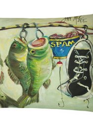 12 in x 16 in  Outdoor Throw Pillow Recession Food Fish caught with Spam Canvas Fabric Decorative Pillow