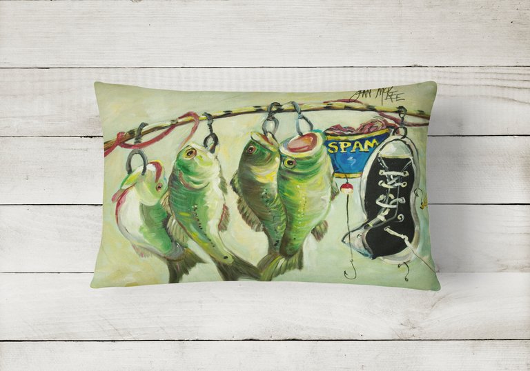 12 in x 16 in  Outdoor Throw Pillow Recession Food Fish caught with Spam Canvas Fabric Decorative Pillow