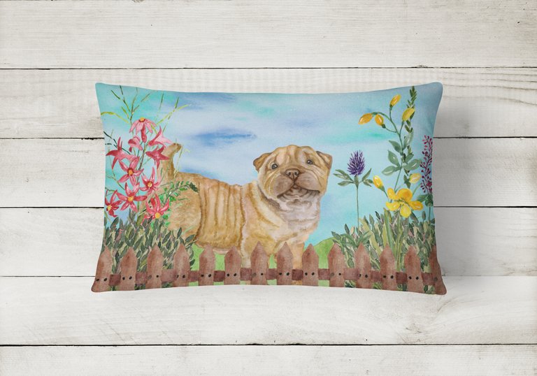 12 in x 16 in  Outdoor Throw Pillow Shar Pei Puppy Spring Canvas Fabric Decorative Pillow