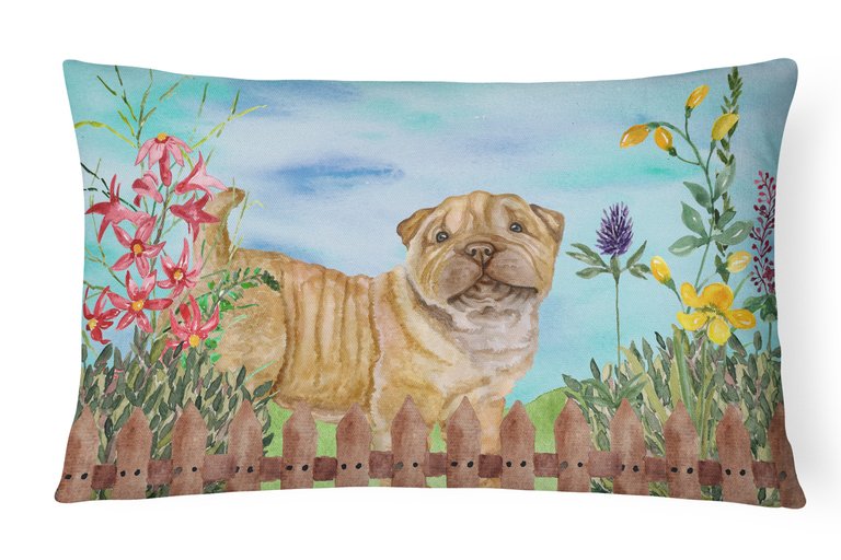 12 in x 16 in  Outdoor Throw Pillow Shar Pei Puppy Spring Canvas Fabric Decorative Pillow