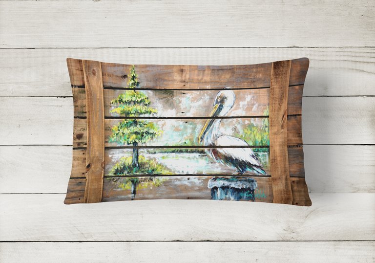 12 in x 16 in  Outdoor Throw Pillow Summer by the Lake White Pelican Canvas Fabric Decorative Pillow