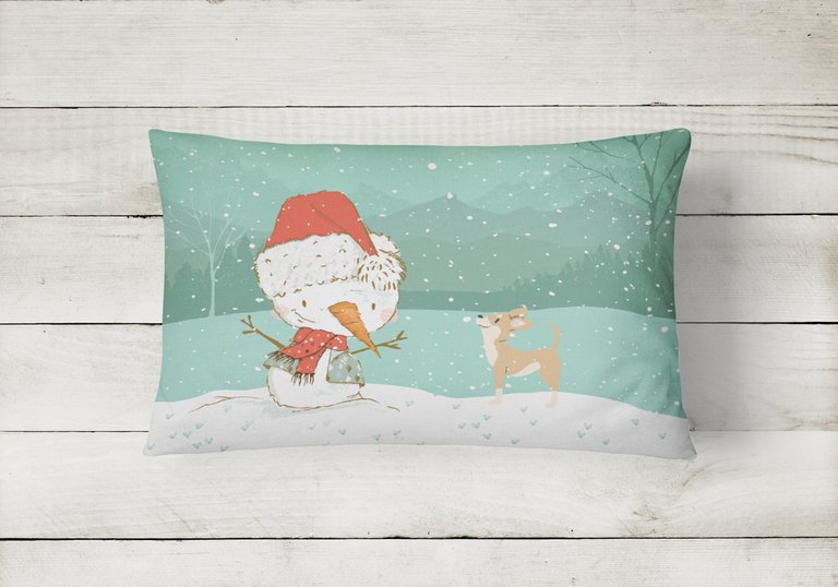 12 in x 16 in  Outdoor Throw Pillow Tan Chihuahua Snowman Christmas Canvas Fabric Decorative Pillow