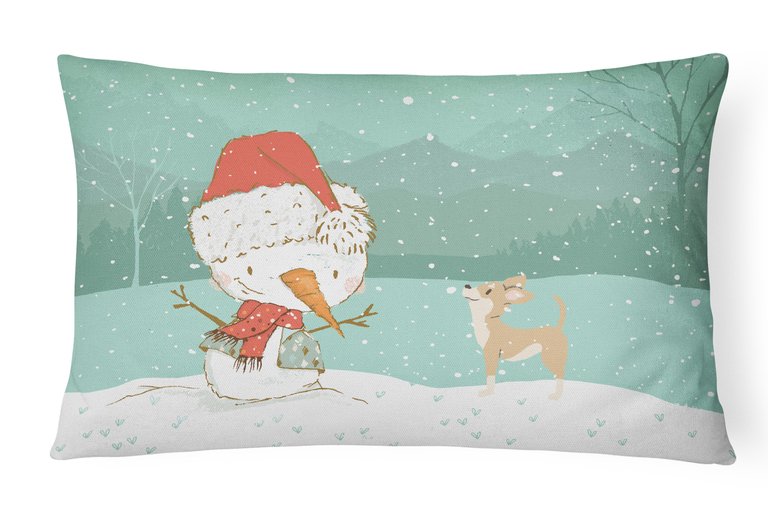 12 in x 16 in  Outdoor Throw Pillow Tan Chihuahua Snowman Christmas Canvas Fabric Decorative Pillow