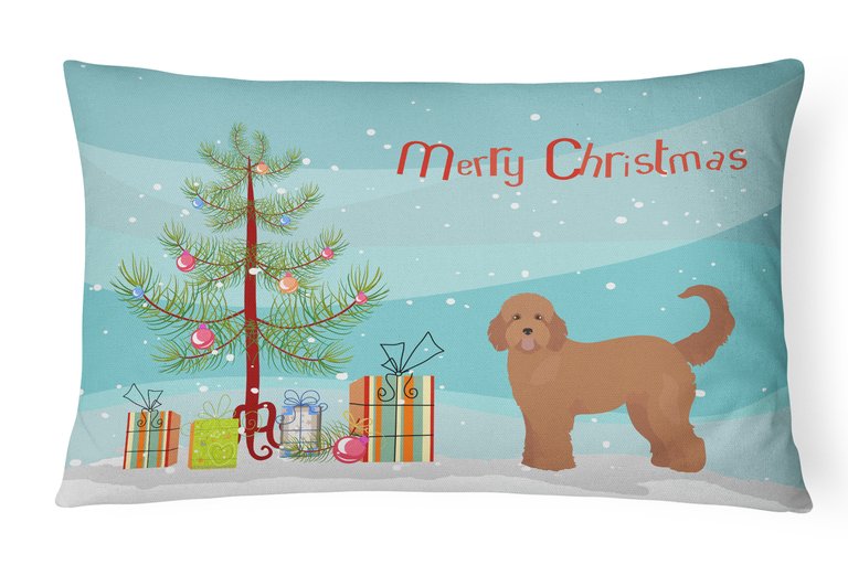 12 in x 16 in  Outdoor Throw Pillow Tan Goldendoodle Christmas Tree Canvas Fabric Decorative Pillow