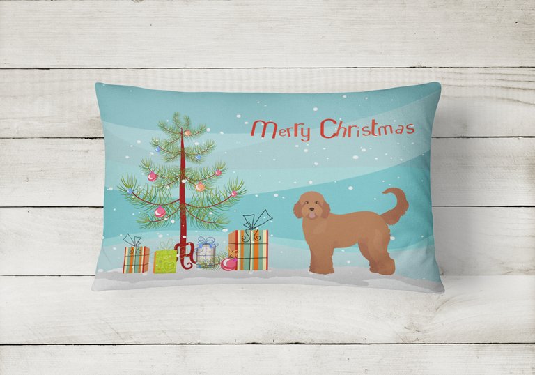 12 in x 16 in  Outdoor Throw Pillow Tan Goldendoodle Christmas Tree Canvas Fabric Decorative Pillow