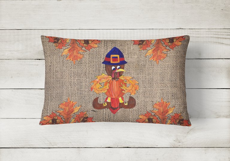 12 in x 16 in  Outdoor Throw Pillow Thanksgiving Turkey Fleur de lis on Faux Burlap Canvas Fabric Decorative Pillow