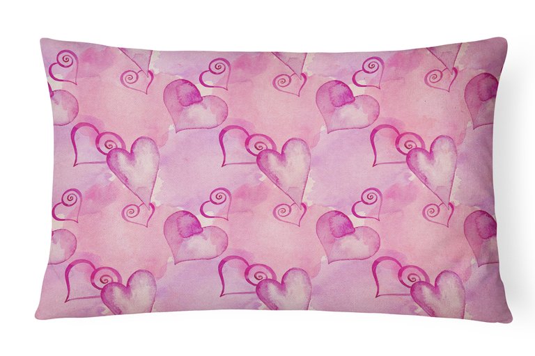 12 in x 16 in  Outdoor Throw Pillow Watercolor Hot Pink Hearts Canvas Fabric Decorative Pillow