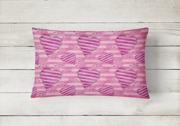 12 in x 16 in  Outdoor Throw Pillow Watercolor Hot Pink Striped Hearts Canvas Fabric Decorative Pillow