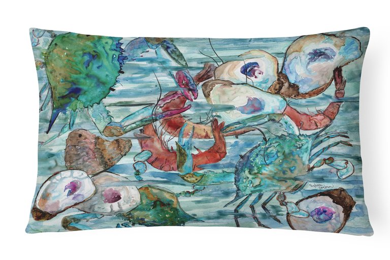 12 in x 16 in  Outdoor Throw Pillow Watery Shrimp, Crabs and Oysters Canvas Fabric Decorative Pillow