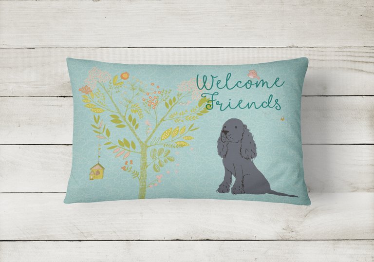 12 in x 16 in  Outdoor Throw Pillow Welcome Friends Black Cocker Spaniel Canvas Fabric Decorative Pillow