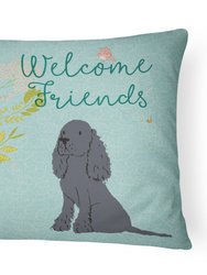 12 in x 16 in  Outdoor Throw Pillow Welcome Friends Black Cocker Spaniel Canvas Fabric Decorative Pillow