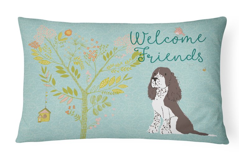 12 in x 16 in  Outdoor Throw Pillow Welcome Friends Brown Springer Spaniel Canvas Fabric Decorative Pillow