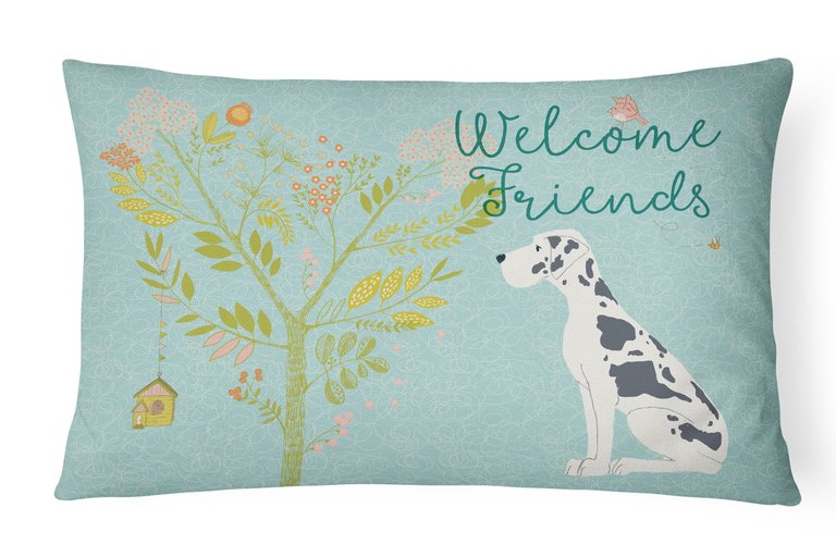 12 in x 16 in  Outdoor Throw Pillow Welcome Friends Harlequin Great Dane Canvas Fabric Decorative Pillow