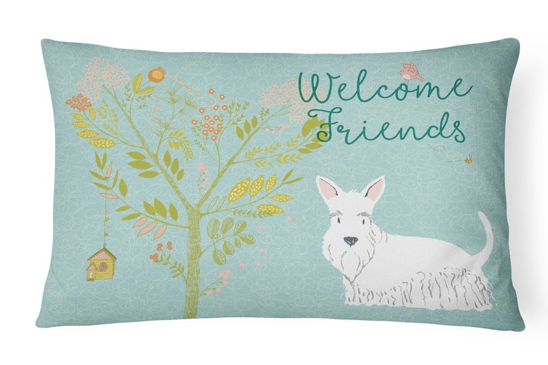 12 in x 16 in  Outdoor Throw Pillow Welcome Friends White Scottish Terrier Canvas Fabric Decorative Pillow