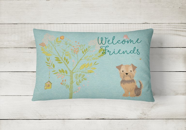 12 in x 16 in  Outdoor Throw Pillow Welcome Friends Yorkie Natural Ears Canvas Fabric Decorative Pillow
