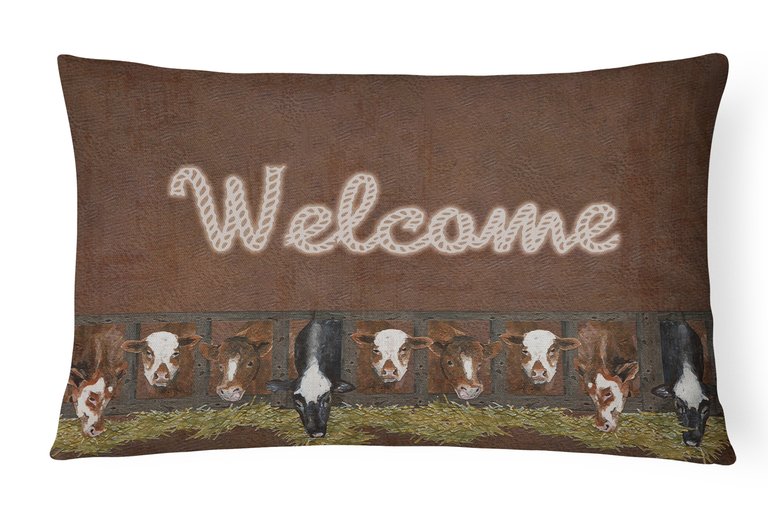 12 in x 16 in  Outdoor Throw Pillow Welcome Mat with Cows Canvas Fabric Decorative Pillow