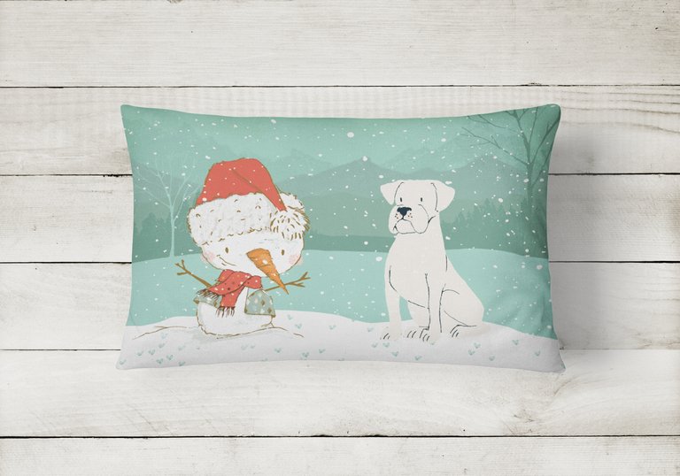 12 in x 16 in  Outdoor Throw Pillow White Boxer and Snowman Christmas Canvas Fabric Decorative Pillow