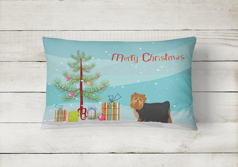 12 in x 16 in  Outdoor Throw Pillow Yorkshire Terrier Christmas Tree Canvas Fabric Decorative Pillow
