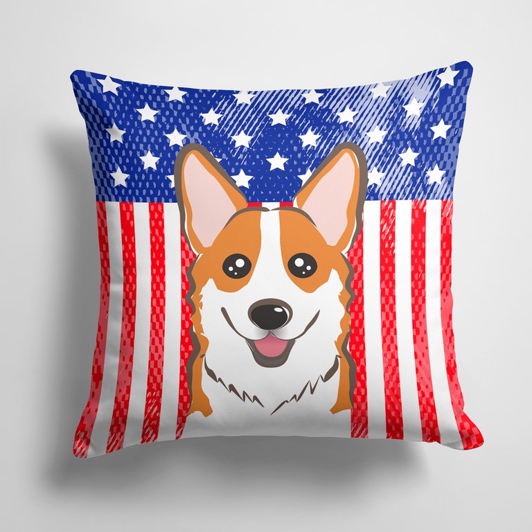 14 in x 14 in Outdoor Throw PillowAmerican Flag and Red Corgi Fabric Decorative Pillow