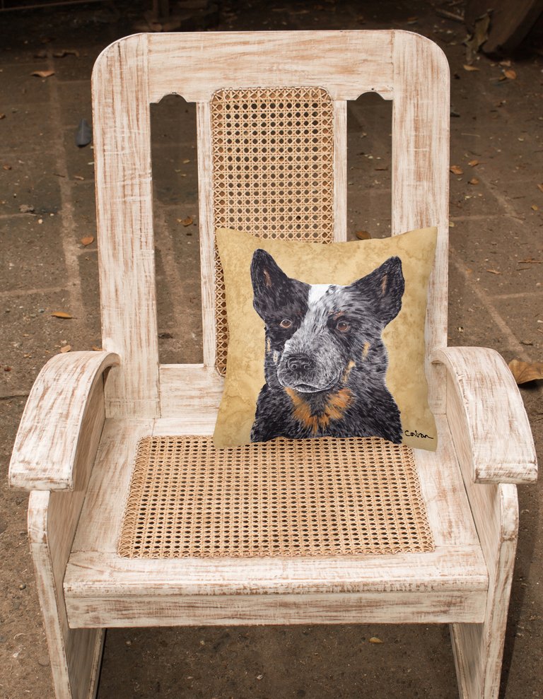 14 in x 14 in Outdoor Throw PillowAustralian Cattle Dog Wipe your Paws Fabric Decorative Pillow