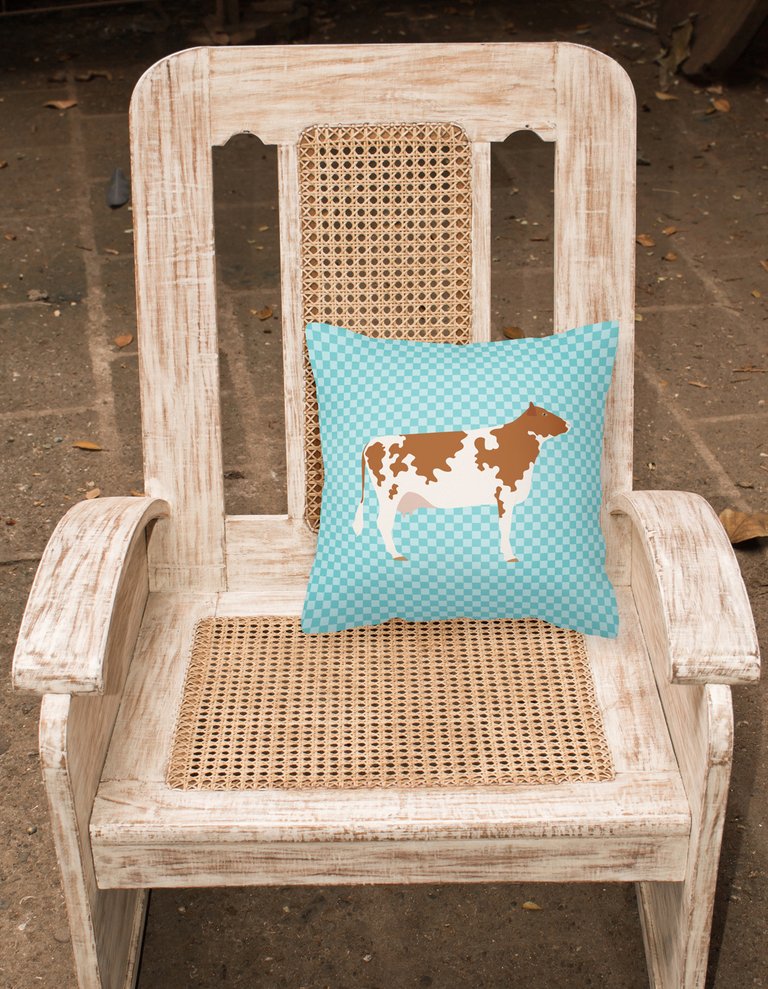 14 in x 14 in Outdoor Throw PillowAyrshire Cow Blue Check Fabric Decorative Pillow