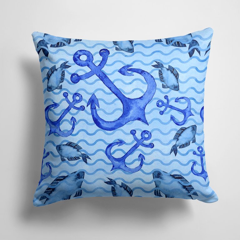 14 in x 14 in Outdoor Throw PillowBeach Watercolor Anchors and Fish Fabric Decorative Pillow