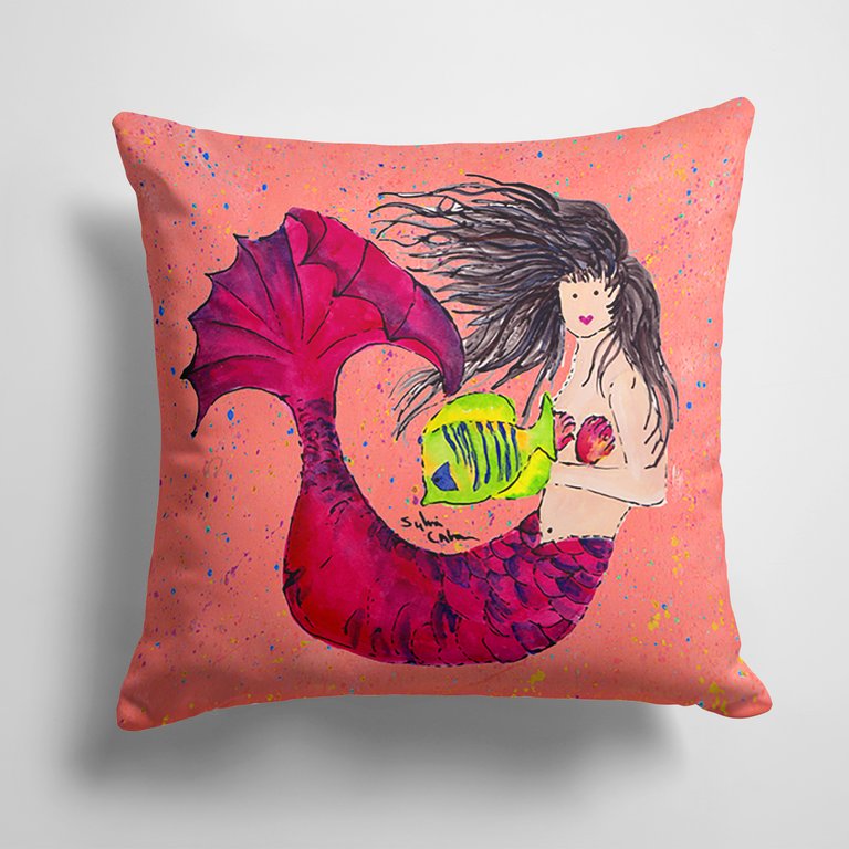14 in x 14 in Outdoor Throw PillowBlack haired Mermaid on Red Fabric Decorative Pillow
