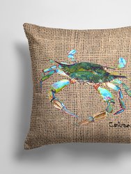 14 in x 14 in Outdoor Throw PillowBlue Crab on Faux Burlap Fabric Decorative Pillow